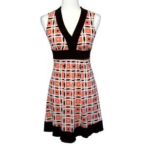 IZ Byer Vintage Baby Doll Mini Dress Women's S Brown Coral Geo Print 90s